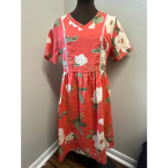 Roolee 100% linen V-neck Fit Flare Women's Red Floral Magnolia Dress Size Small - Picture 1 of 11